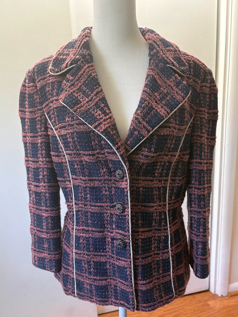 St. John Navy and Pink Tweed Blazer with White Piping